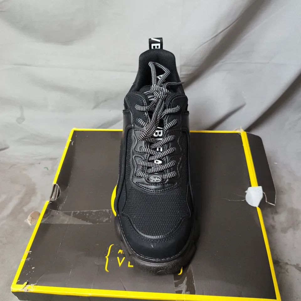 BUFFALO LONDON VEGAN CHUNKY SNEAKERS – BLACK, BOXED. SIZE UK 8