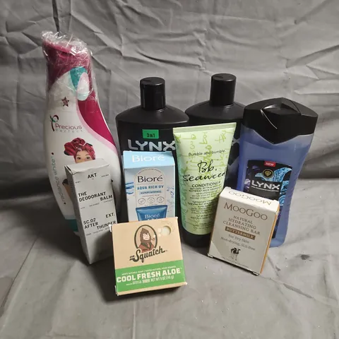 APPROXIMATEY 20 ASSORTED HEALTH AND BEAUTY PRODUCTS TO INCLUDE - BIORE AQUA RICH UV - MOOGOO BUTTERMILK CLEANSING BAR - AKT DEODORANT BALM - ETC