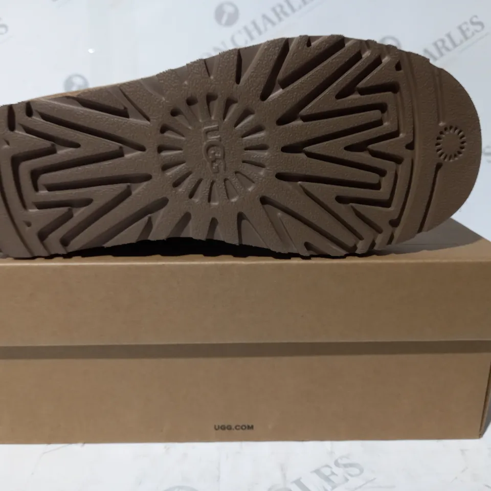 BOXED PAIR OF UGG CLASSIC ULTRA MINI SHOES IN TAN UK SIZE 4