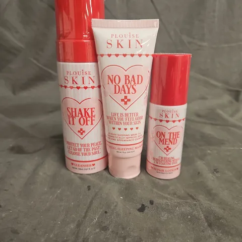 PLOUISE SKIN LOT OF 3 ASSORTED SEALED SKINCARE PRODUCTS TO INCLUDE - SHAKE IT OFF CLEANSER - NO BAD DAYS FACIAL SLEEPIG MASK - ON THE MEND REPAIR LOTION