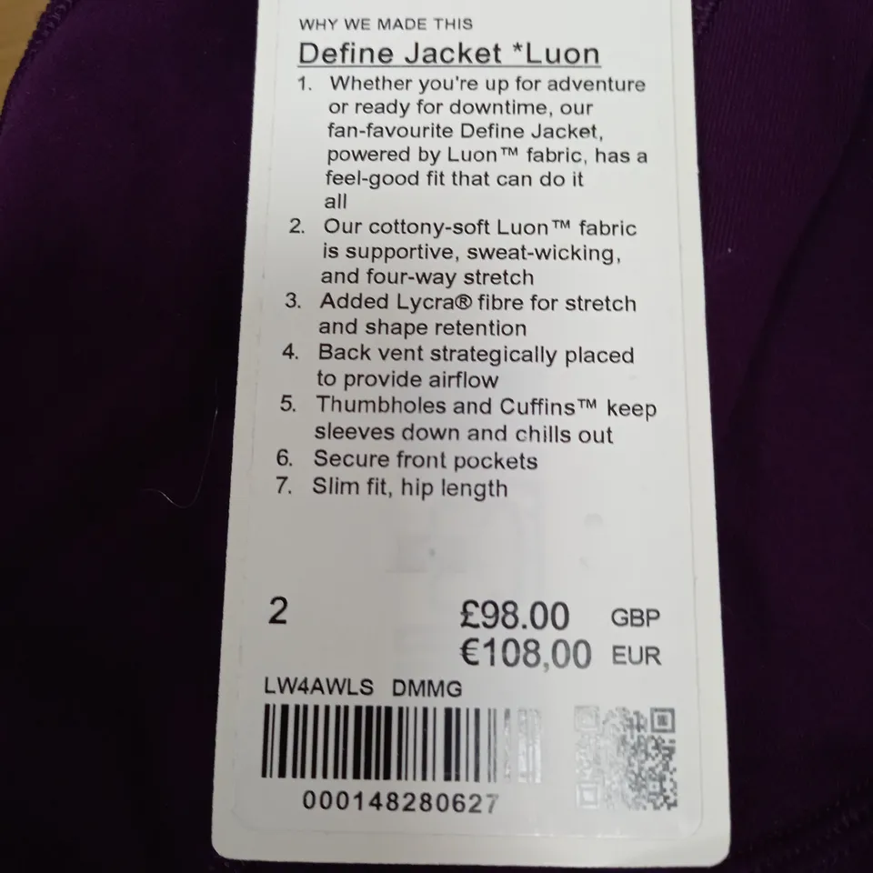 LULULEMON DEFINE JACKET SIZE 2