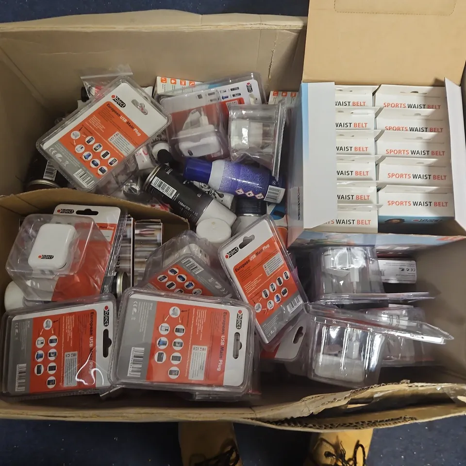 BOX OF APPROXIMATELY 20 HOUSEHOLD PRODUCTS TO INCLUDE BODY MIST, SPORTS WAIST BELTS AND A MULTI PURPOSE LASER LEVEL