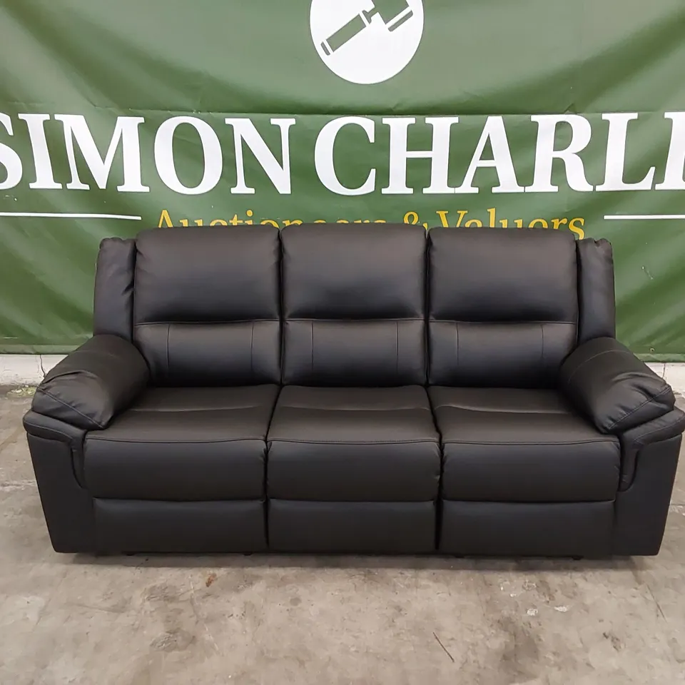 QUALITY DESIGNER ALBION 3 SEATER MANUAL RECLINER LEATHER SOFA - BLACK