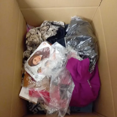 BOX OF ASSORTED CLOTHING ITEMS TOO INCLUDE DRESSES , SHIRTS AND TROUSERS IN VARIOUS SIZES AND COLOURS