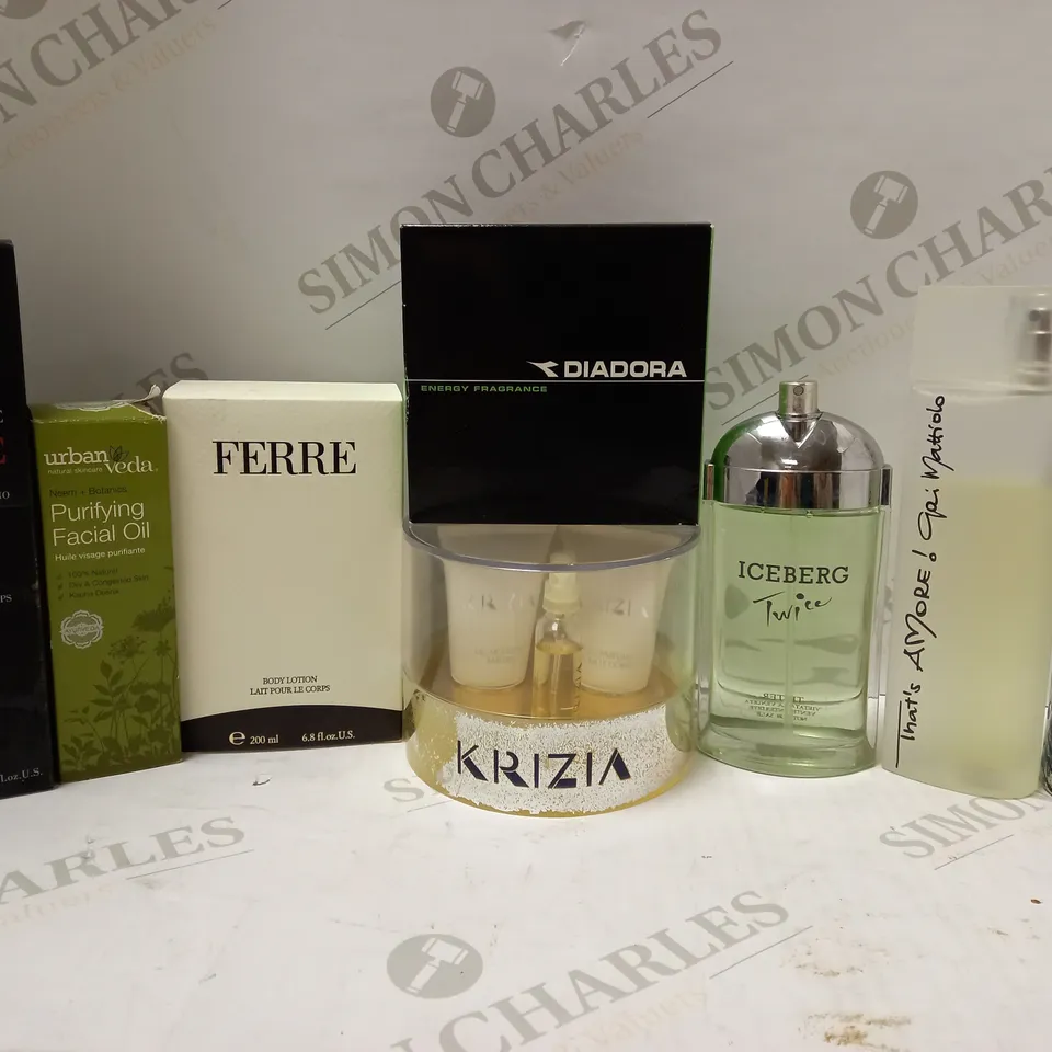 LOT OF APPROX 20 ASSORTED PRODUCTS TO INCLUDE FERRE BODY LOTION, ICEBERG TWICE EDT, URBAN VEDA PURIFYING FACIAL OIL, ETC 