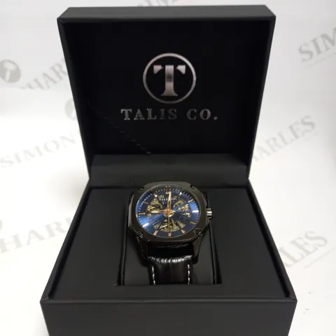 MEN’S TALIS CO AUTOMATIC WATCH – BLUE SKELETON DIAL – GENUINE LEATHER STRAP – GLASS BACKCASE