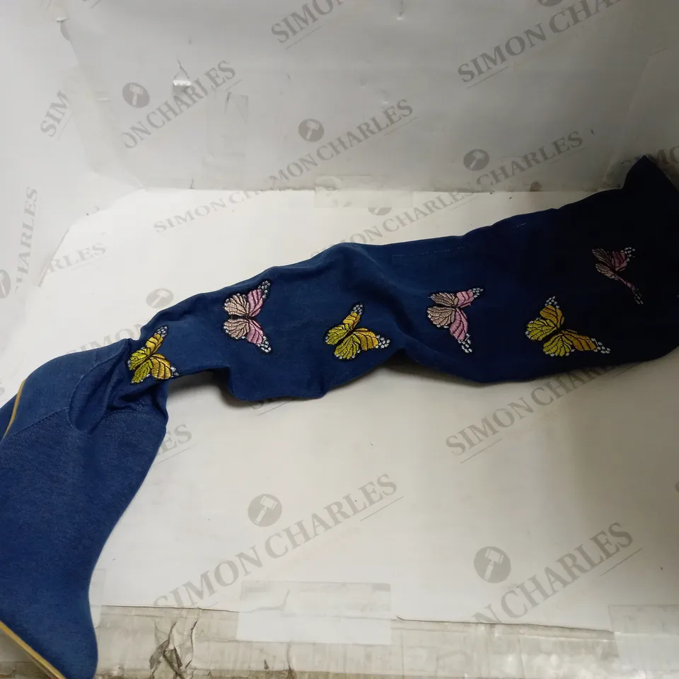 KOI VEGAN BUTTERFLY EFFECT DENIM LONG BOOTS - SIZE 5