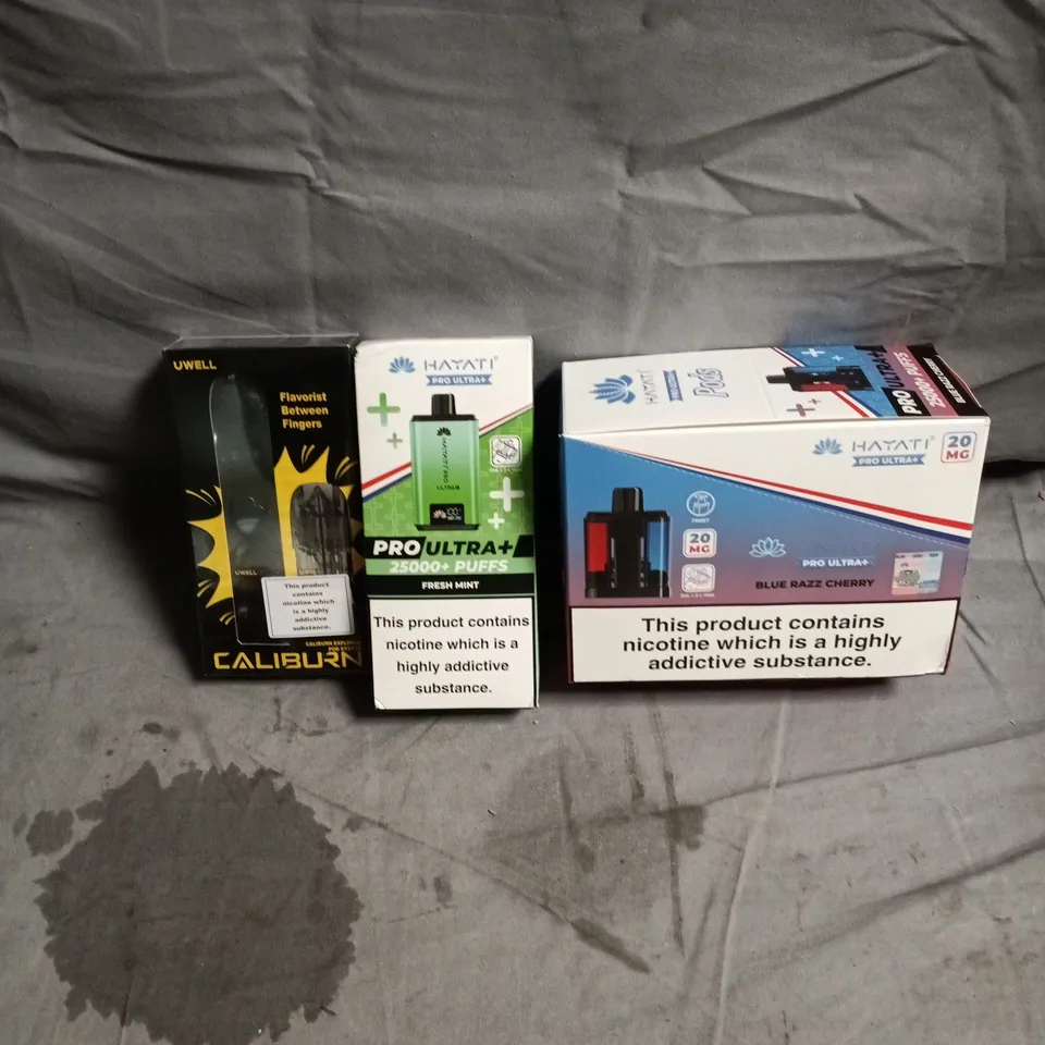 APPROXIMATELY 15 ASSORTED E-CIGARETTE PRODUCTS INCLUDING HAYATI, CALIBURN AND VUSE