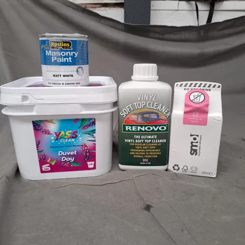 APPROXIMATELY 6 ASSORTED HOUSEHOLD PRODUCTS TO INCLUDE SMOL WASHING UP LIQUID, YASS CLEAN SCENT BOOSTER AND MASONRY PAINT