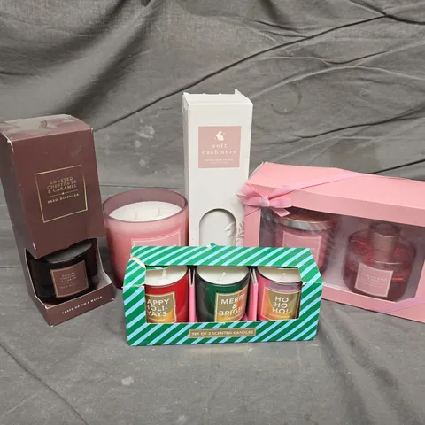 APPROXIMATELY 20 ASSORTED ITEMS TO INCLUDE SOFT CASHMERE REED DIFFUSER, WILD RHUBARB & ROSE SCENTED CANDLE, HAPPY HOLIDAYS SCENTED CANDLE, ETC