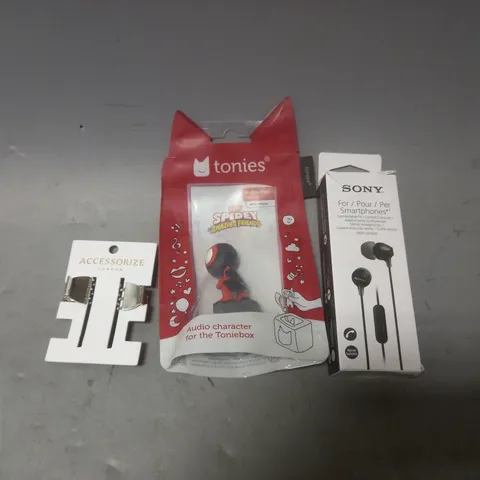 BOX OF APPROXIMATELY 5 ASSORTED ITEMS TO INCLUDE - TONIES SPIDEY AMAZING FRIENDS , SONY SMARTPHONES , ACCESSORIZE CLIPS ETC