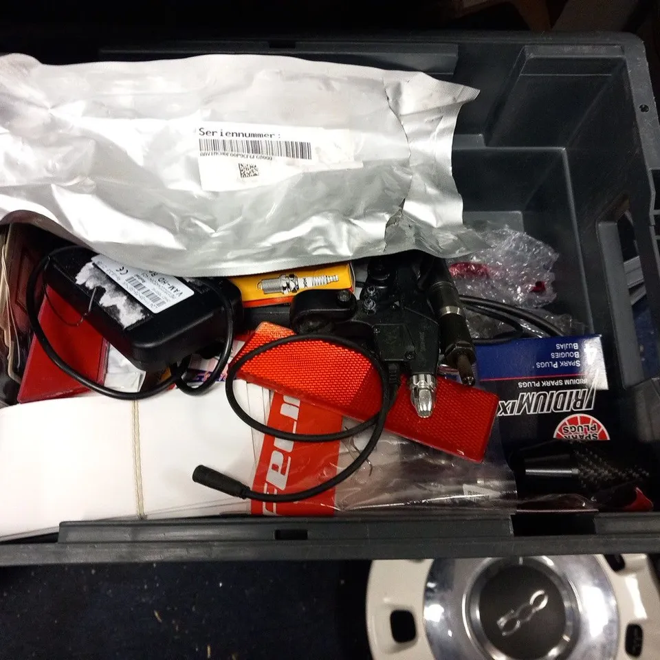BOX OF ASSORTED CAR AND VEHICLE ACCESSORIES TO INCLUDE; MICROSHIFT, PULLEY WHEEL KIT, AIR FRESHNERS, HEAVY DUTY ANKLE BREAK PADS AND IRIDIUM SPARK PLUGS