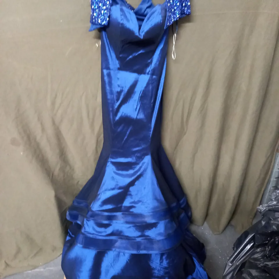 NAVY FISHTAIL OCCASIONAL DRESS WITH SEQUIN SHOULDER JACKET - SIZE UNSPECIFIED