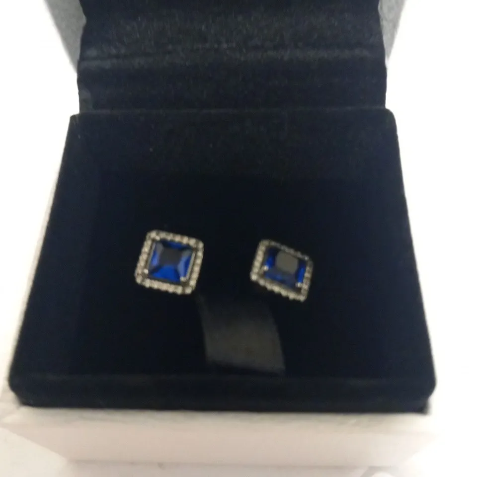 BOXED PANDORA BLUE SQUARE SPARKLE HALO STUD EARRINGS