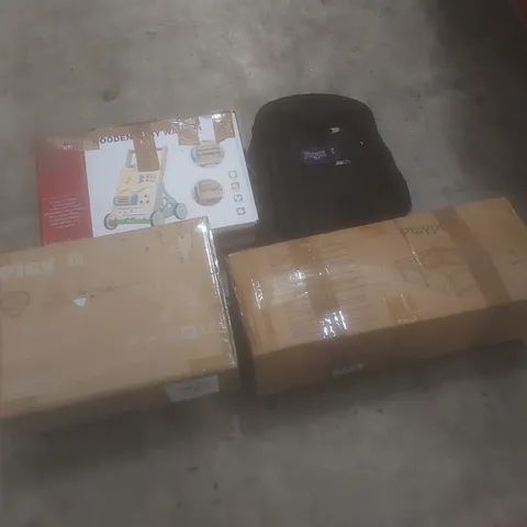 PALLET OF ASSORTED HOUSEHOLD ITEMS AND CONSUMER PRODUCTS TO INCLUDE; BACKPACK, PLAY MATS, PLAYPEN, WOODEN BABY WALKER ETC