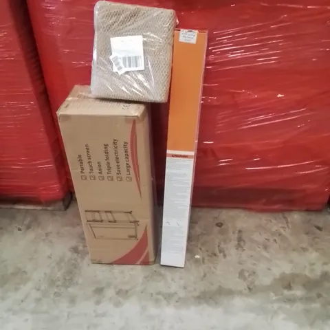 PALLET OF ASSORTED HOUSEHOLD GOODS AND PRODUCTS TO INCLUDE;CLOTHES DRYER,RETRACTABLE SAFETY GATE,DOOR MAT