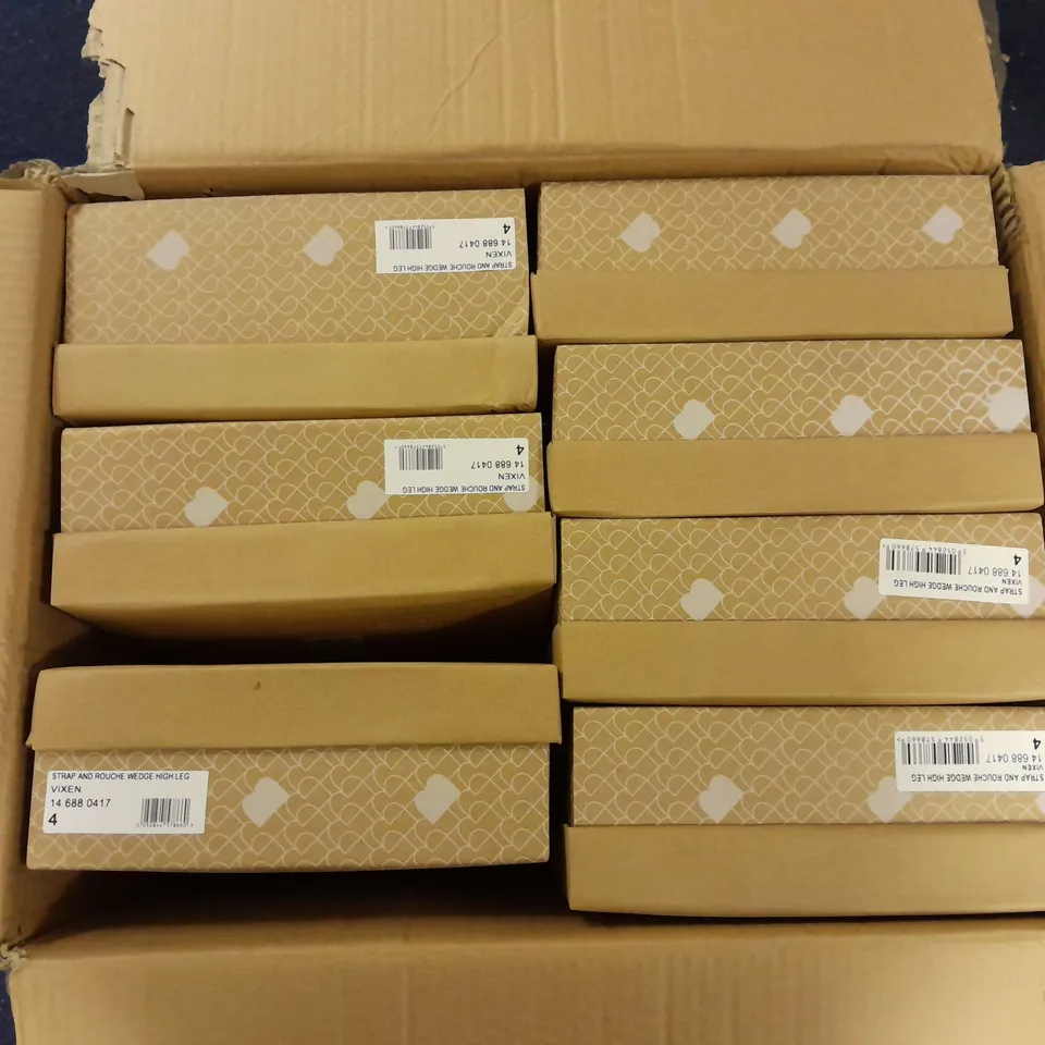 7 BOXED STRAP AND ROUCHE WEDGE HIGH LEG VIXEN BOOTS IN BROWN - SIZE 4