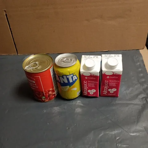 TOTE OF APPROXIMATELY 14 ASSORTED FOOD AND DRINK ITEMS TO INCLUDE FANTA LEMON, AMAZON CHOPPED TOMATOES ETC