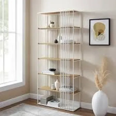 BRAND NEW BOXED WALKER EDISON WALKER EDISON 79" MINIMALIST OPEN SLAT BOOKSHELF - WHITE/OAK (1 BOX)