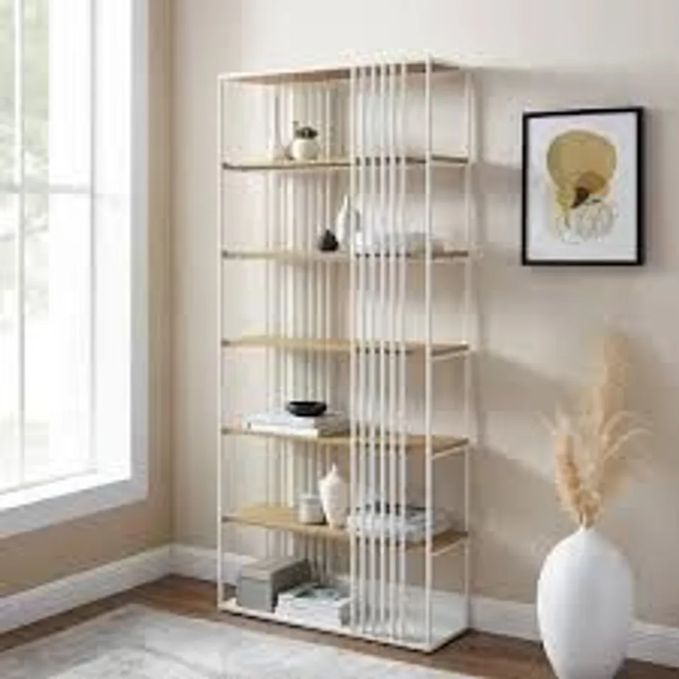 BRAND NEW BOXED WALKER EDISON WALKER EDISON 79" MINIMALIST OPEN SLAT BOOKSHELF - WHITE/OAK (1 BOX)