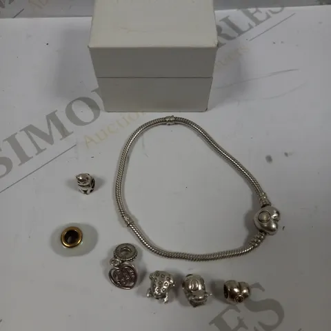 PANDORA SILVER CHARM BRACELET WITH ASSORTED CHARMS