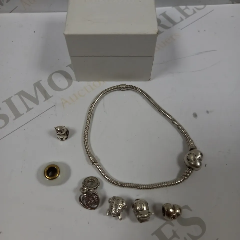 PANDORA SILVER CHARM BRACELET WITH ASSORTED CHARMS 