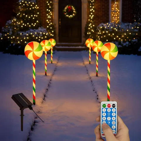 BOXED NEO LARGE 50CM CANDY CANE LOLLY LOLLIPOP CHRISTMAS REMOTE SOLAR AND BATTERY POWERED LIGHTS 6 PACK LED PATH STAKES TIMER 8 MODES TIMER OUTDOOR DÉCOR