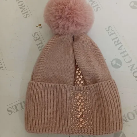 WOMENS BOBBLE HAT PINK WITH CRYSTAL EMBELISHMENT