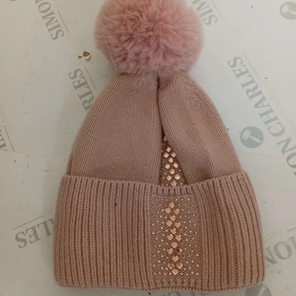 WOMENS BOBBLE HAT PINK WITH CRYSTAL EMBELISHMENT