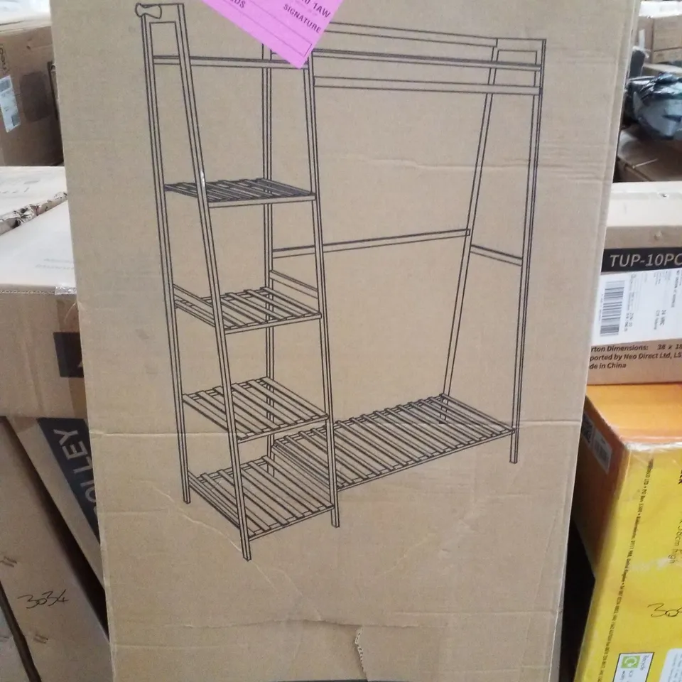 BOXED NEO BAMBOO RACK CLOTHES WITH STORAGE SHELF HANGING RAIL AND SIDE HOOKS
