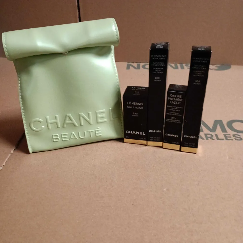 CHANEL LE VERNIS 4 PIECE COSMETIC GIFT SET WITH A MINT-GREEN CHANEL BEAUTE POUCH
