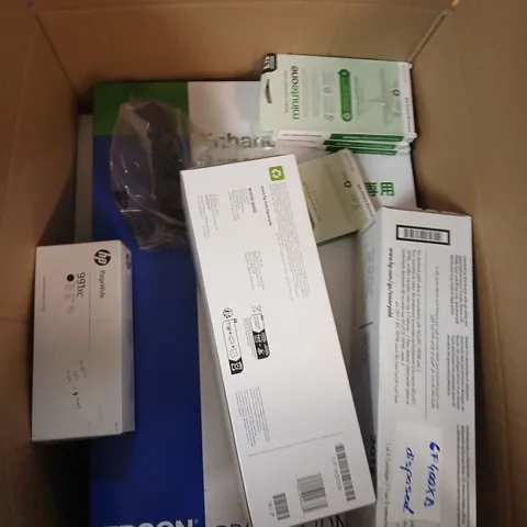 LARGE BOX OF APPROX 10 ASSORTED ITEMS TO INCLUDE PRINTER CARTRIDGES AND SCREEN PROTECTORS
