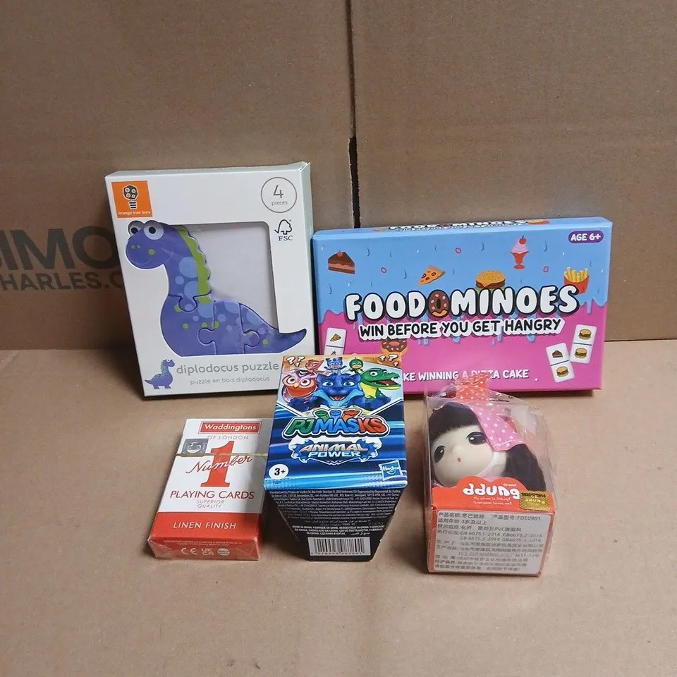 TOTE OF APPROXIMATELY 15 ASSORTED TOYS/RELATED ITEMS TO INCLUDE FOODOMINOES, DINOSAUR PUZZLE, DDUNG, PJMASKS ANIMAL POWER, PLAYING CARDS ETC