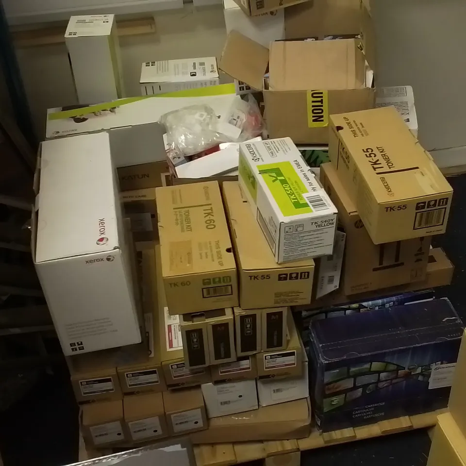 PALLET OF APPROXIMATELY 60 ASSORTED REPLACEMENT PRINTER CATRRIDGES TO INCLUDE DATAPRODUCTS, XEROX, KATUN, KYOCERA