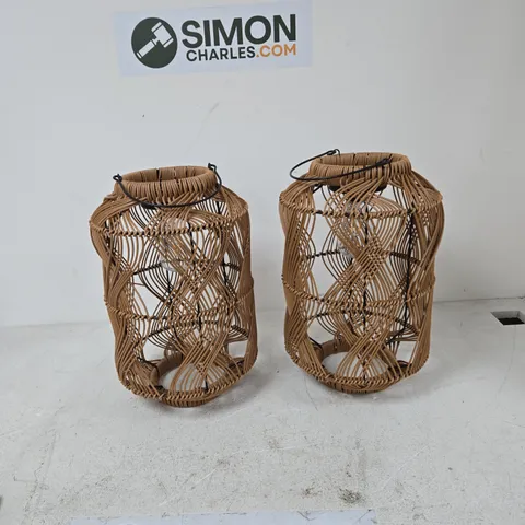 PAIR OF WOVEN RATTAN LANTERN LAMPS WITH SOLAR BULBS