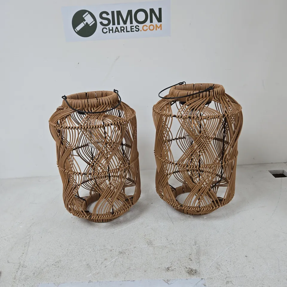 PAIR OF WOVEN RATTAN LANTERN LAMPS WITH SOLAR BULBS