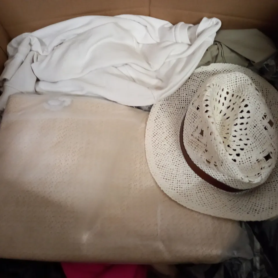 BOX OF ASSORTED CLOTHING ITEMS TOO INCLUDE JUMPERS, SHIRTS AND TROUSERS IN VARIOUS SIZES AND COLOURS   