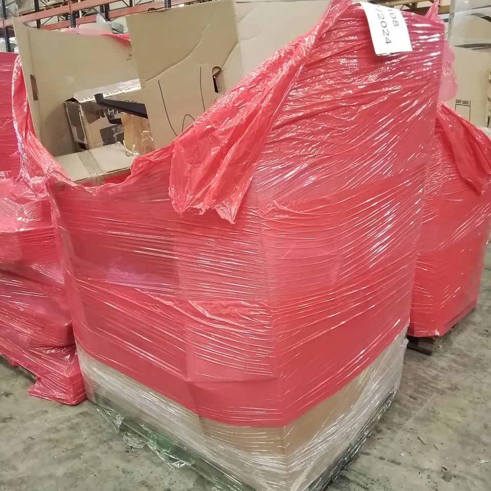 PALLET OF ASSORTED ITEMS INCLUDING STORAGE OTTOMAN, COMPUTER DESK, ELECTRIC POTATO PEELER, WICKER BASKET, OFFICE CHAIR
