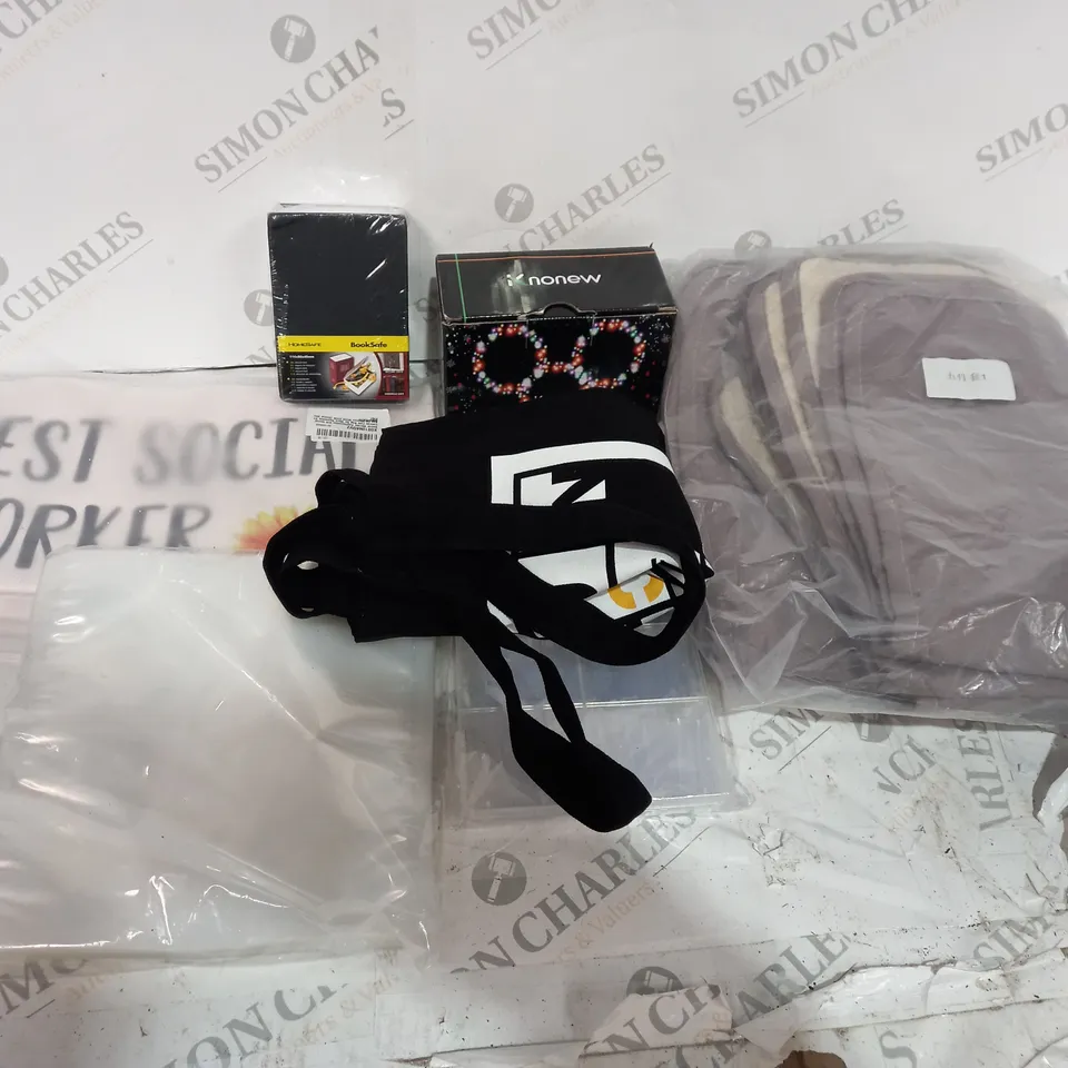 box of approximately 10 items to include book safe, knonew lights, bags etc