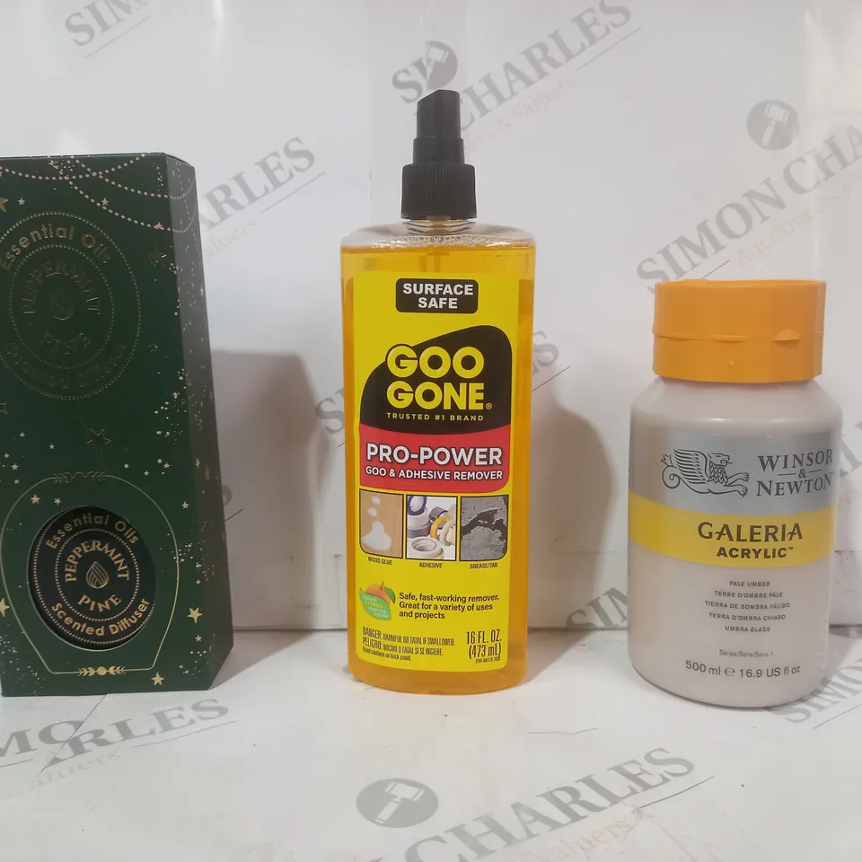 APPROXIMATELY 15 ASSORTED HOUSEHOLD ITEMS TO INCLUDE GOO & ADHESIVE REMOVER, SCENTED DIFFUSER, GALLERIA ACRYLIC, ETC - COLLECTION ONLY