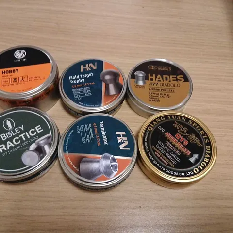 ASSORTED AIRGUN PELLETS TINS – BISLEY PRACTICE, H&N FIELD TARGET TROPHY, H&N HADES .177 DIABOLO, TERMINATOR, QIANG YUAN SPORTS DIABOLO (6 TINS)