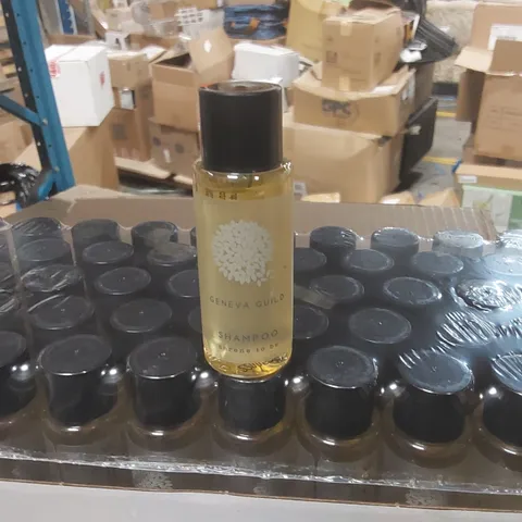 BOX CONTAINING APPROXIMATELY 300x BRAND NEW GENEVA GUILD 30ML SHAMPOO BOTTLES