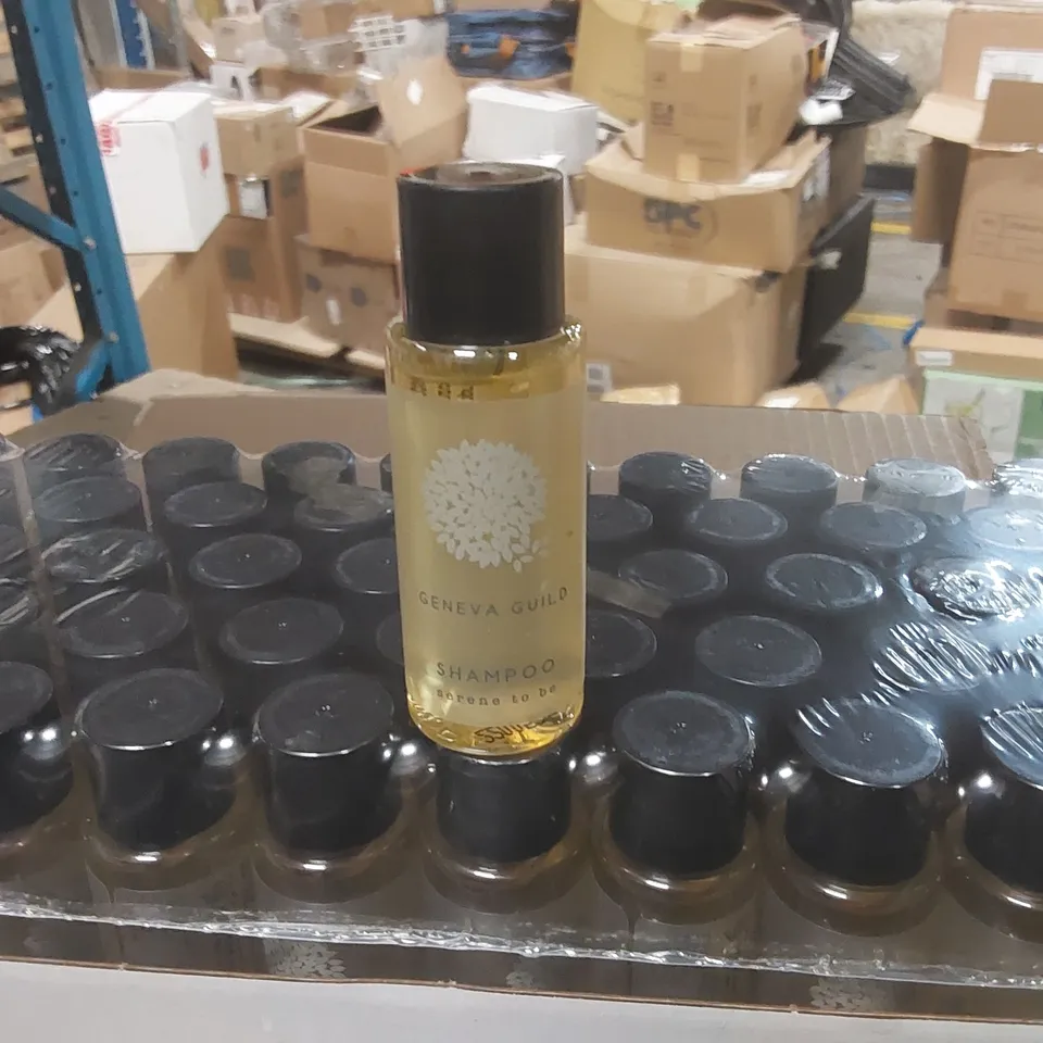 BOX CONTAINING APPROXIMATELY 300x BRAND NEW GENEVA GUILD 30ML SHAMPOO BOTTLES