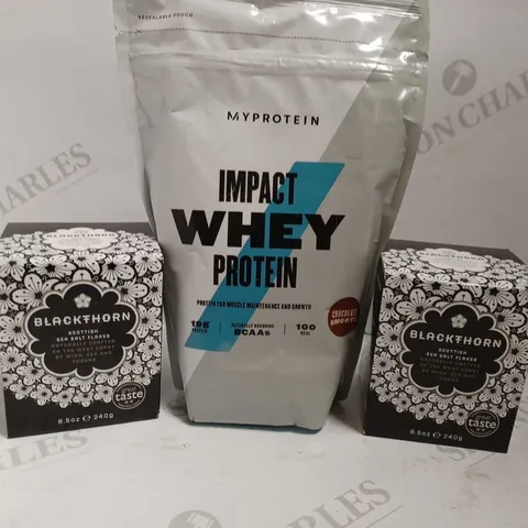 BOX OF APPROX 6 ITEMS TO INCLUDE BLACKTHORN SCOTTISH SALT FLAKES, IMPACT WHEY PROTEIN, PACT COFFEE BEANS