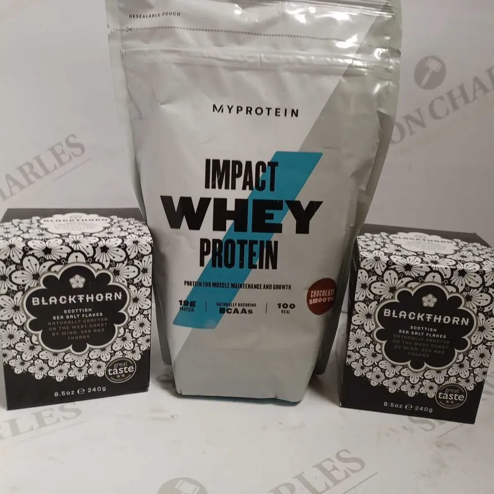 BOX OF APPROX 6 ITEMS TO INCLUDE BLACKTHORN SCOTTISH SALT FLAKES, IMPACT WHEY PROTEIN, PACT COFFEE BEANS