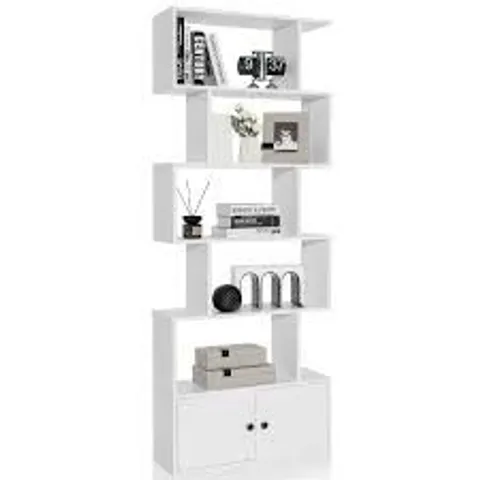 BOXED COSTWAY 6-TIER S-SHAPED FREESTANDING BOOKSHELF WITH CABINET & DOORS