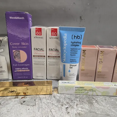 APPROX 12 ASSORTED BEAUTY PRODUCTS TO INCLUDE SHEGLAM LIQUID BLUSH, YSL RADIANT TOUCH CONCEALOR, CLINIQUE CONCEALOR, ETC