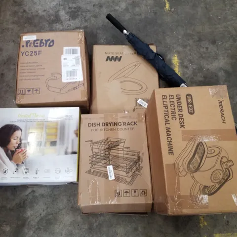 PALLET CONTAINING ASSORTED PRODUCTS INCLUDING TOILET SEAT, UNDER DESK ELECTRIC ELLIPTICAL MACHINE, UMBRELLA, DISH DRYING RACK, HEATED THROW & UNIVERSAL BOOSTER CUSHION 