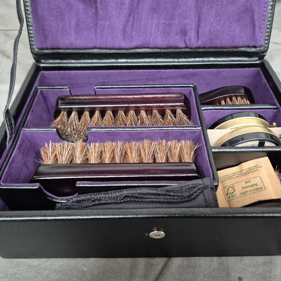WOLF 1834 LEATHER SHOE CLEANING KIT IN BLACK BOX WITH PURPLE INTERIOR
