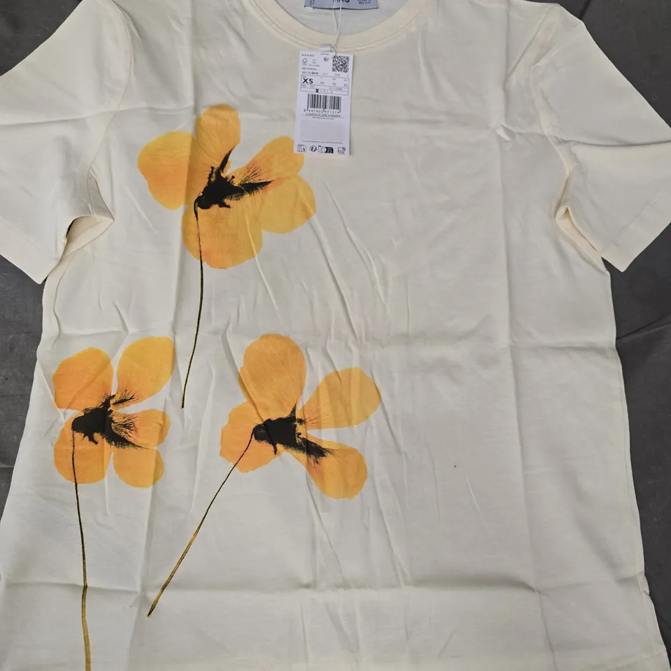MANGO CAMISETA 208 SUMMER T-SHIRT IN CREAM W. FLORAL DESIGN SIZE XS